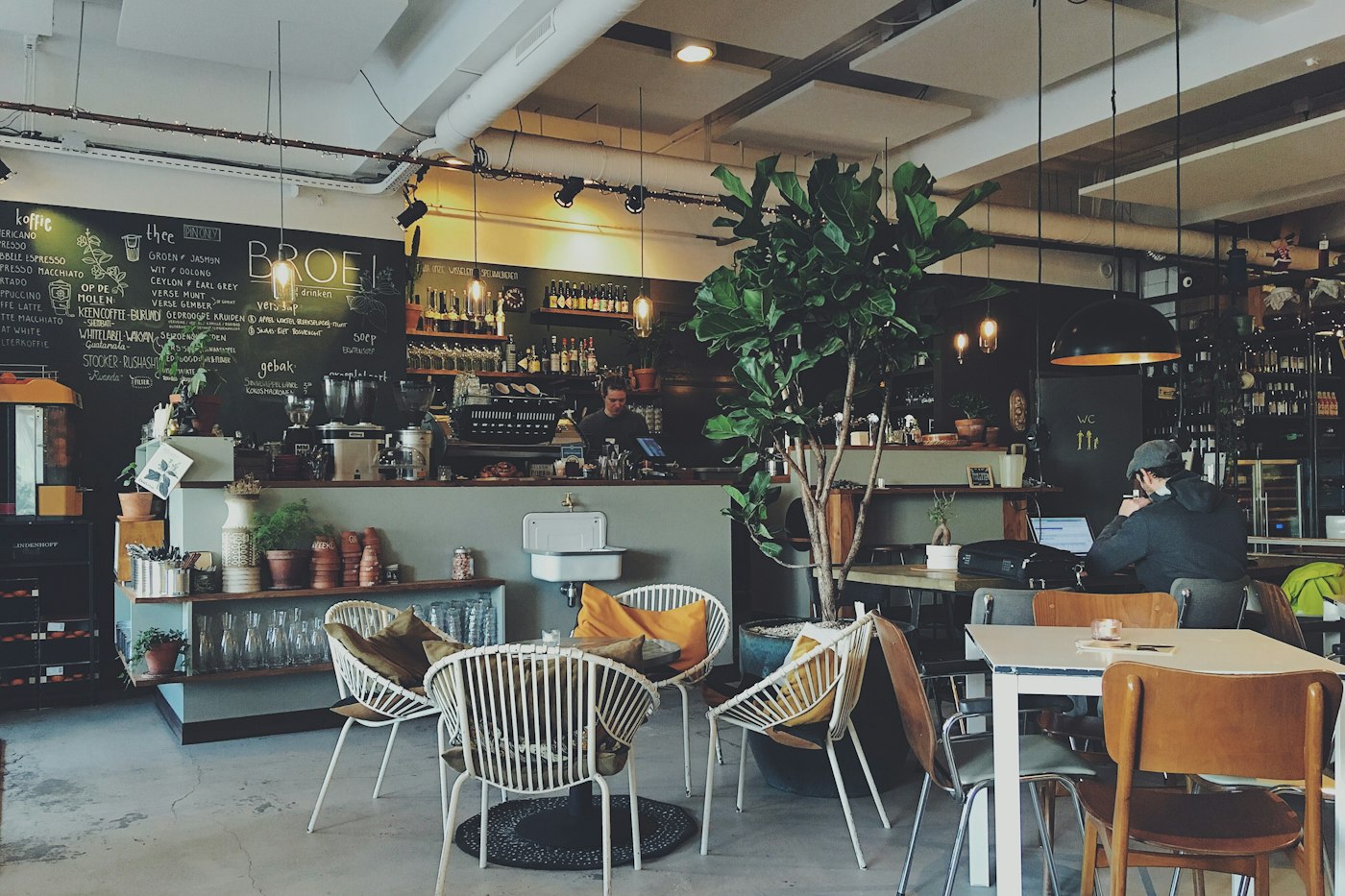 A café interior with a chalkboard menu, potted plants and wooden chairs